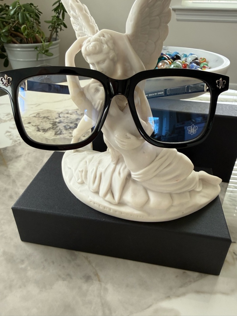 Black Square Frame Glasses with Fleur Emblem